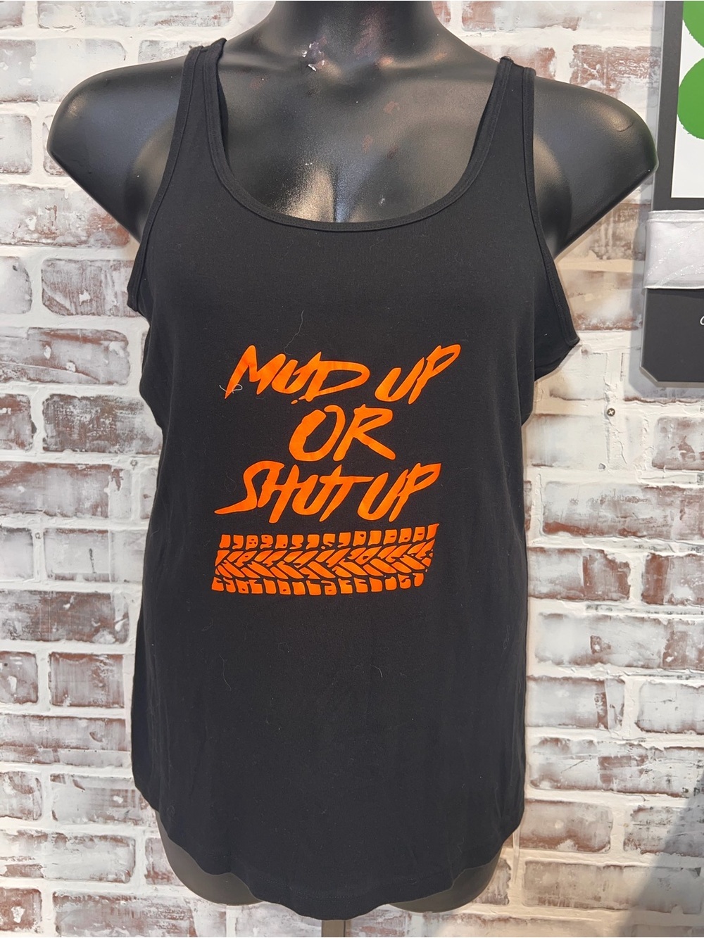 Time and Tru Black Tank Top with Orange 'Mud Up or Shut Up' Graphic